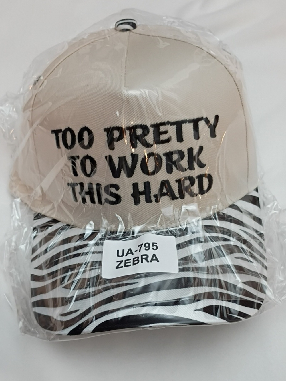 Women's Too Pretty To Work This Hard Beige Zebra Baseball Cap